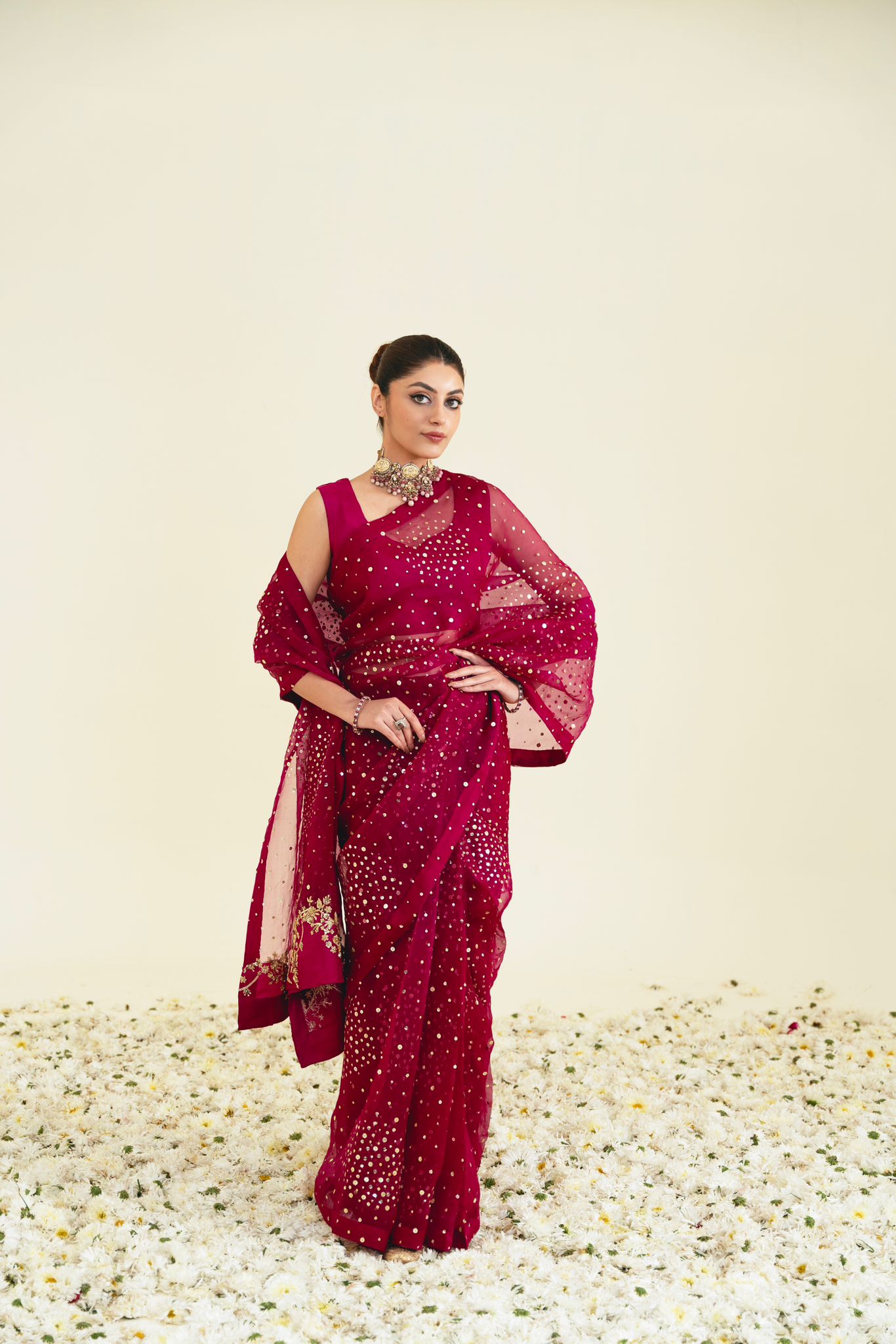 Magenta Gold Embroidered Organza Saree (2-Piece) - Image 1