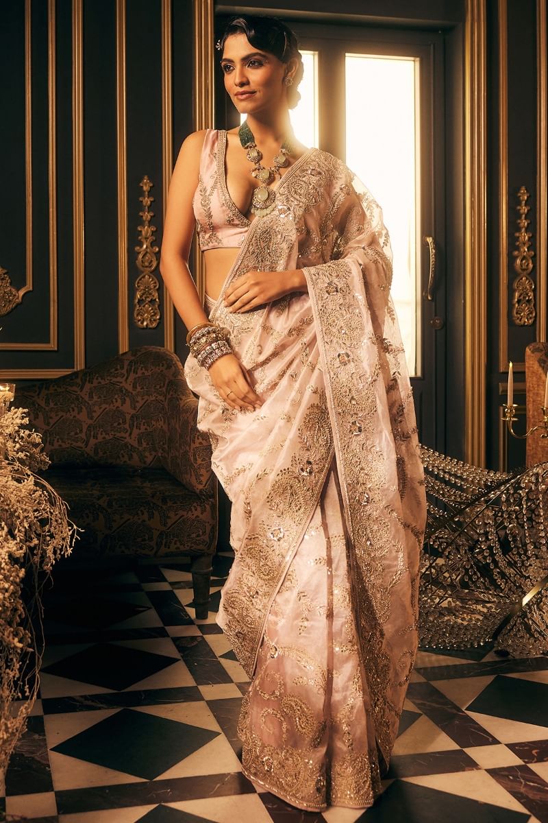 Indian Baby Pink Embroidered Organza Saree (2-Piece) - Image 1