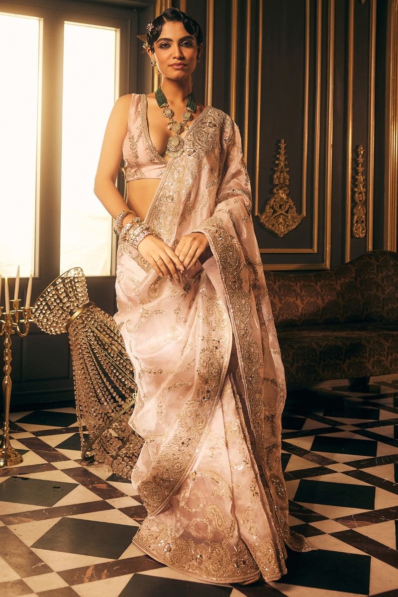 Indian Baby Pink Embroidered Organza Saree (2-Piece) - Image 3