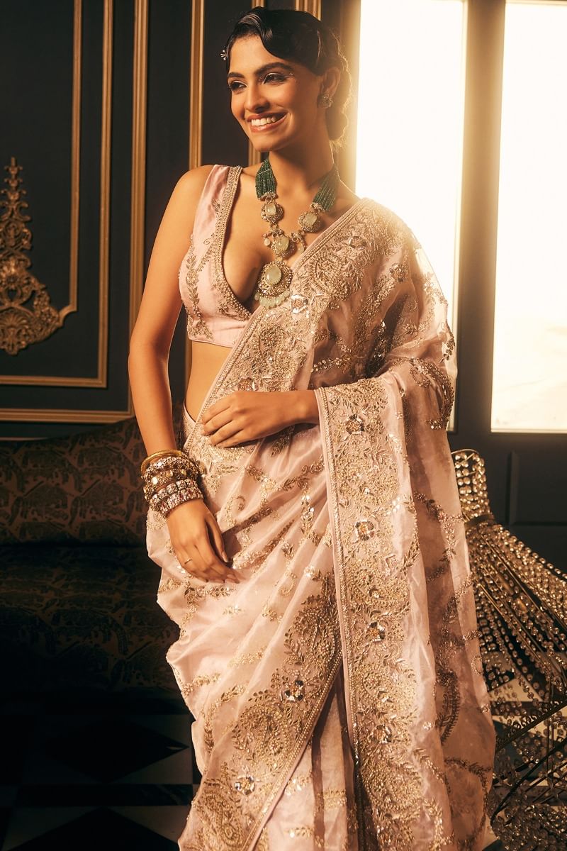 Indian Baby Pink Embroidered Organza Saree (2-Piece) - Image 4