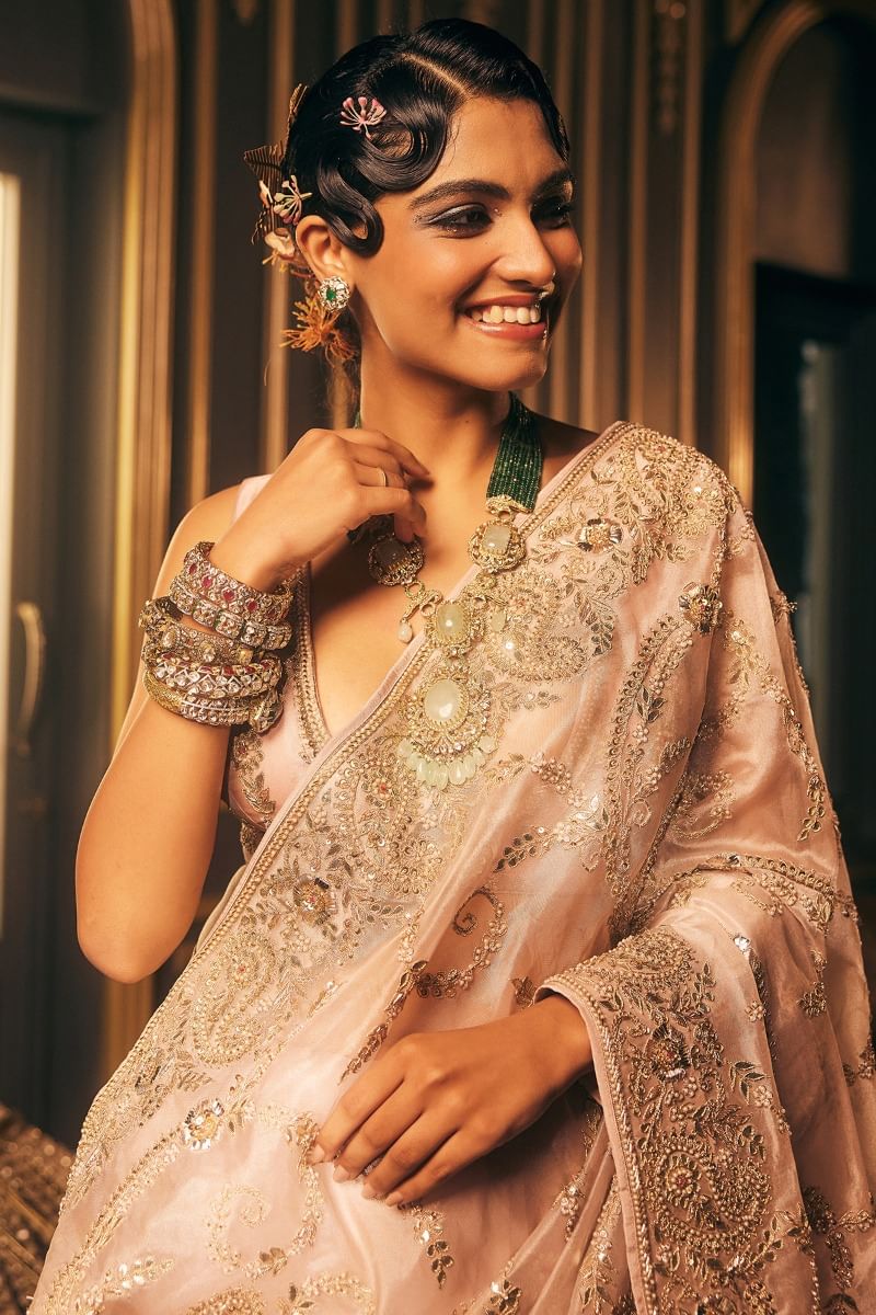 Indian Baby Pink Embroidered Organza Saree (2-Piece) - Image 5