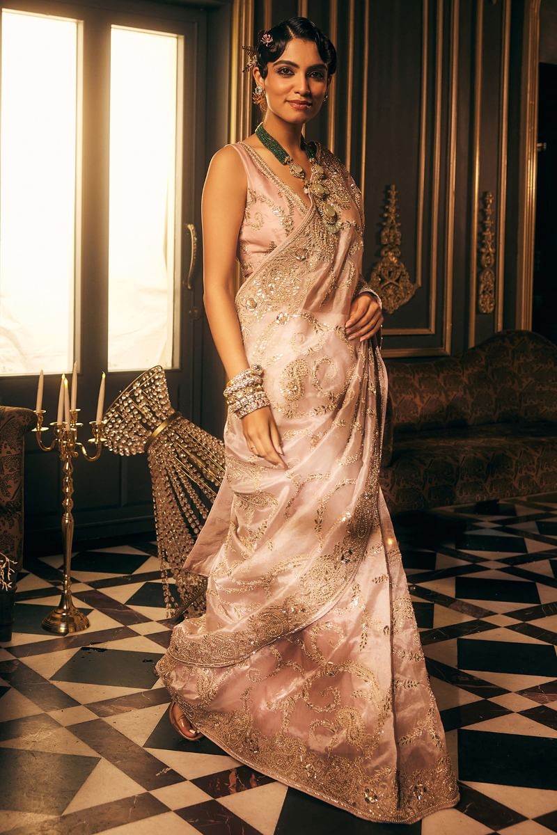 Indian Baby Pink Embroidered Organza Saree (2-Piece) - Image 6