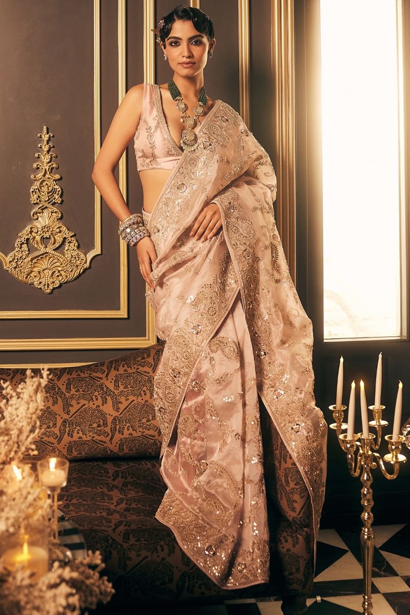 Indian Baby Pink Embroidered Organza Saree (2-Piece) - Image 8