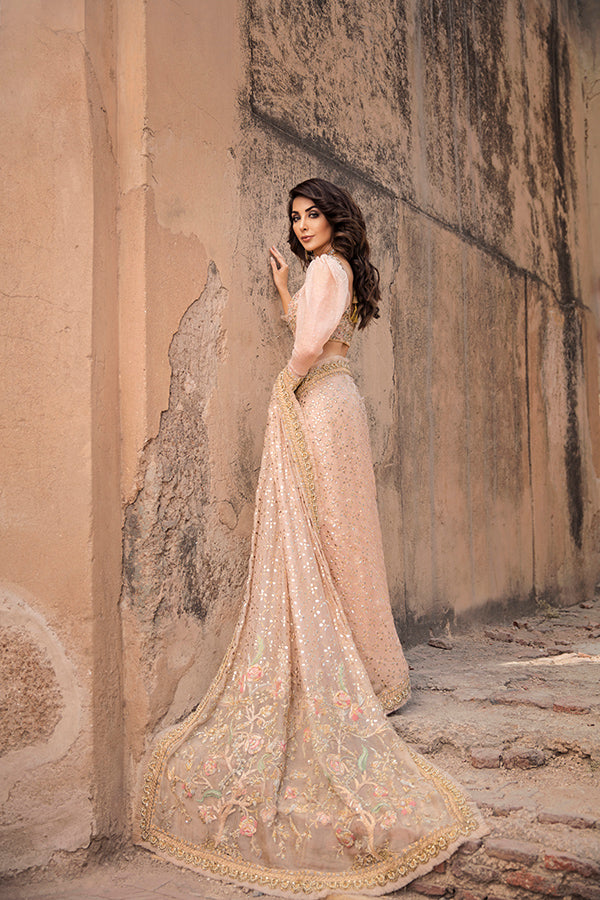 Pakistani Pastel Pink Hand-Embellished Organza Saree (2-Piece) - Image 3