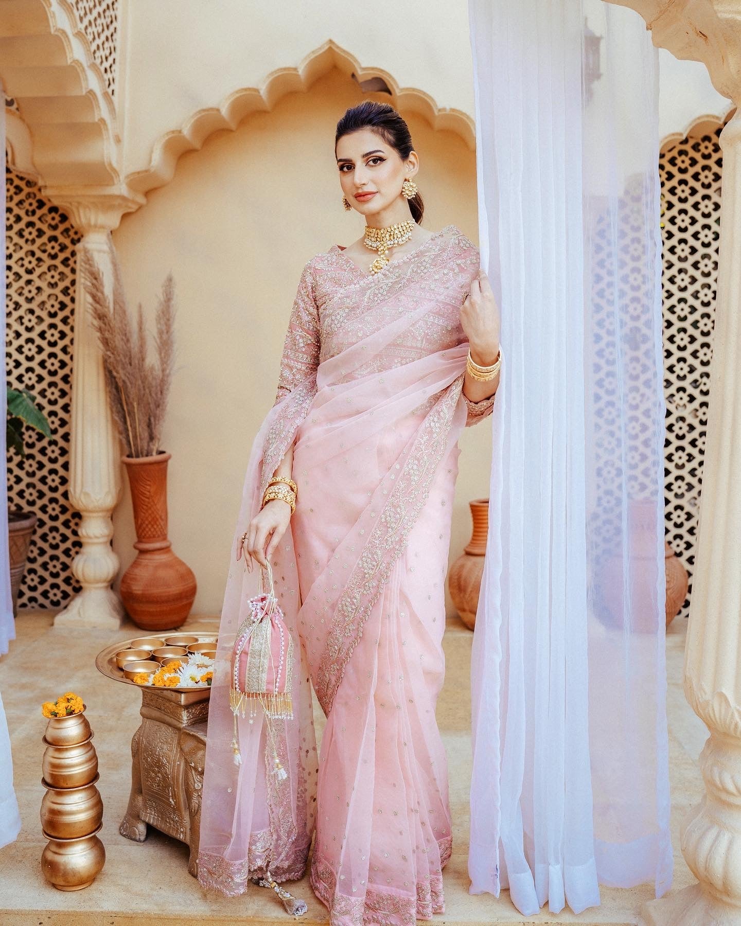 Pastel Pink Embroidered Organza Saree (2-Piece) - Image 3