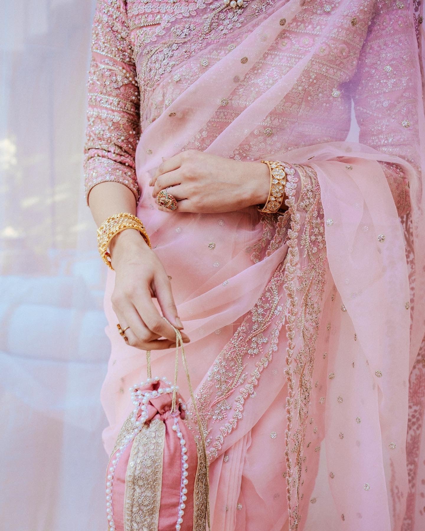 Pastel Pink Embroidered Organza Saree (2-Piece) - Image 5