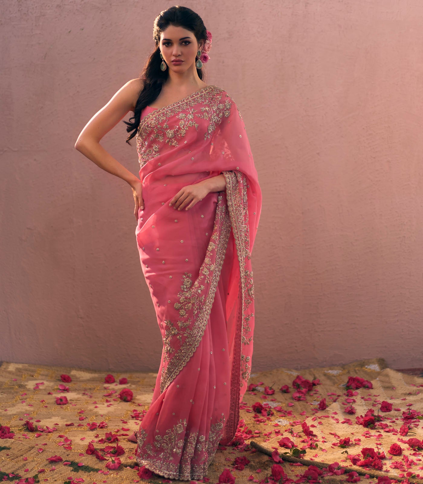 Indian Rose Pink Metallic Embroidered Organza Saree (2-Piece) - Image 1