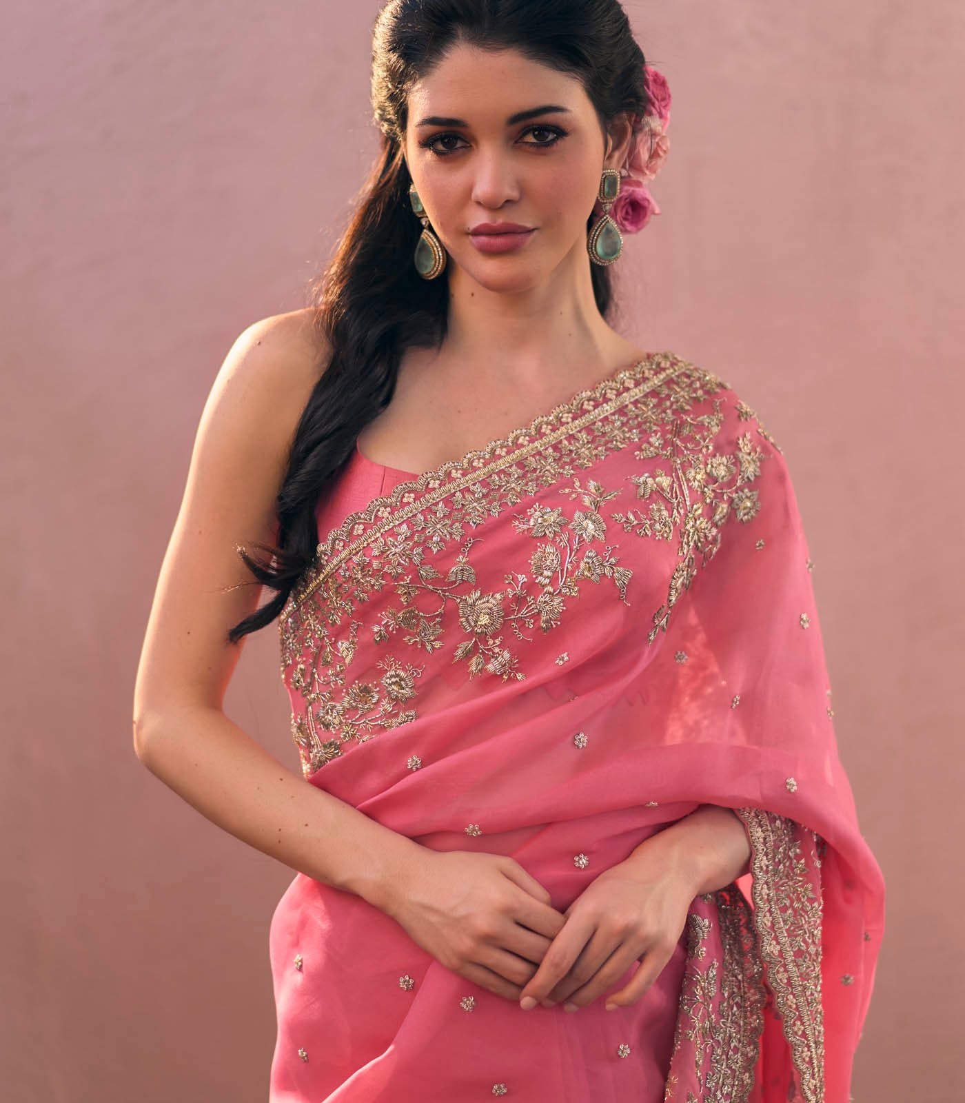 Indian Rose Pink Metallic Embroidered Organza Saree (2-Piece) - Image 2