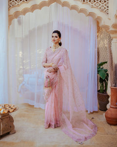 Pastel Pink Embroidered Organza Saree (2-Piece) - Image 1