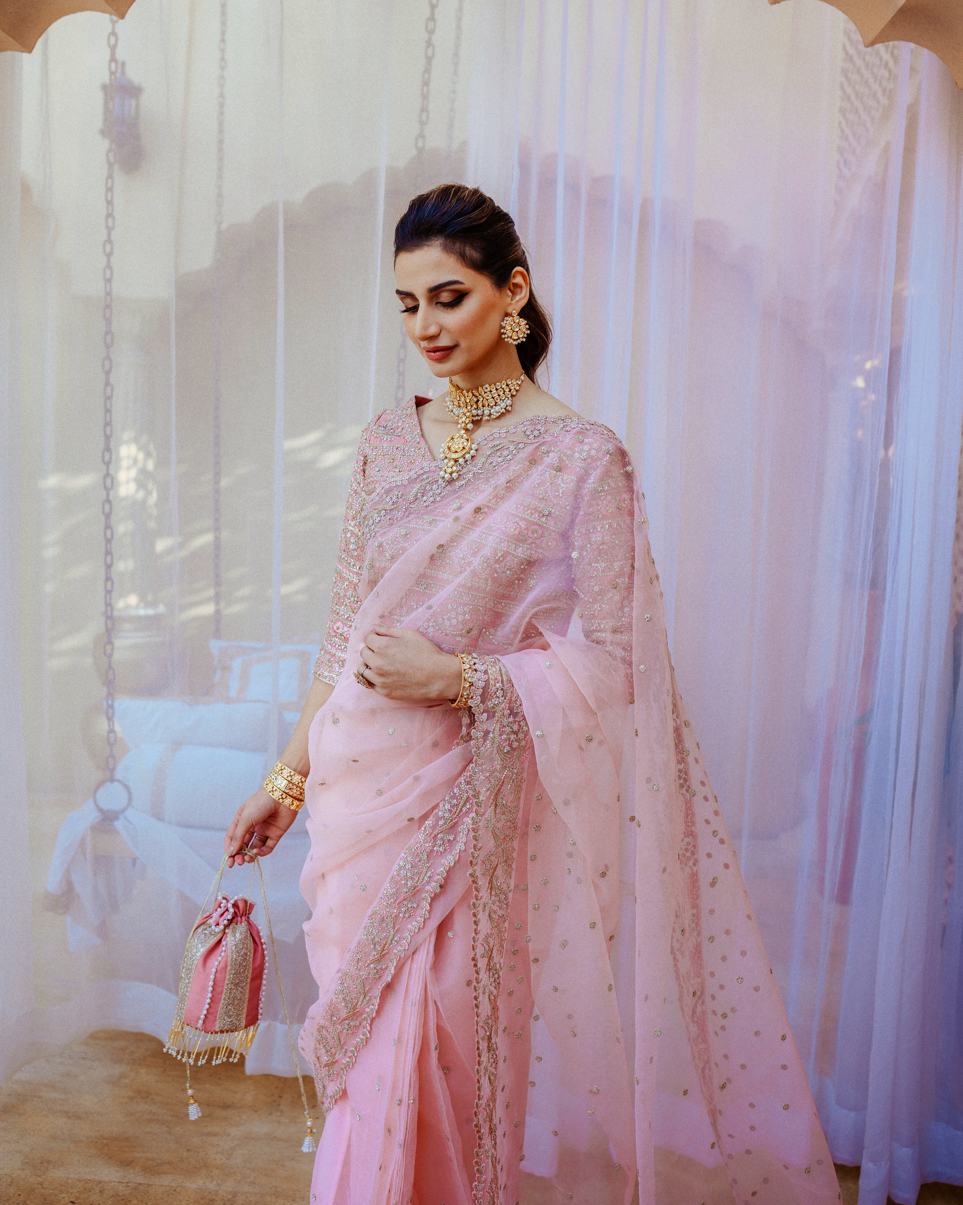 Pastel Pink Embroidered Organza Saree (2-Piece) - Image 6