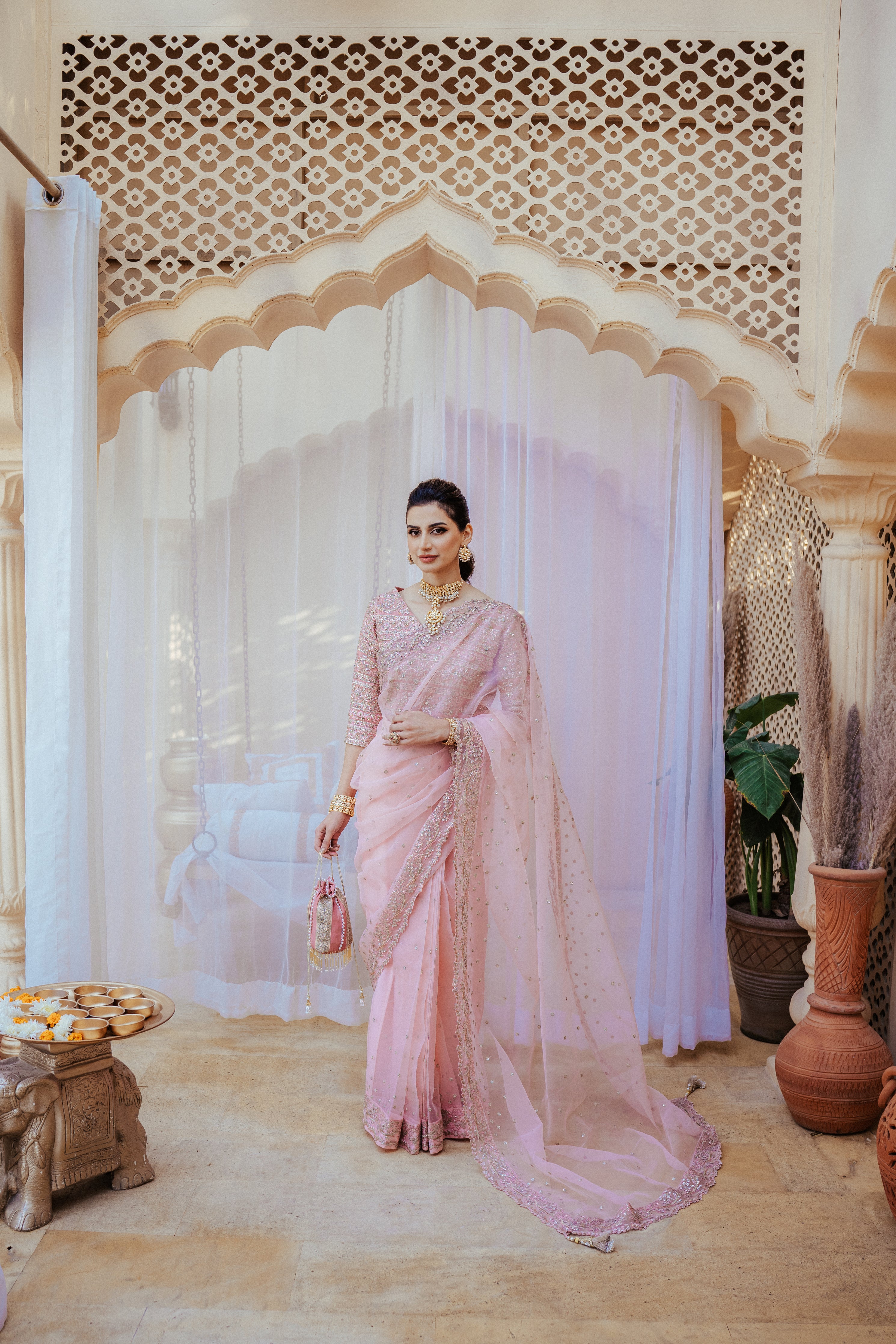 Pastel Pink Embroidered Organza Saree (2-Piece) - Image 7