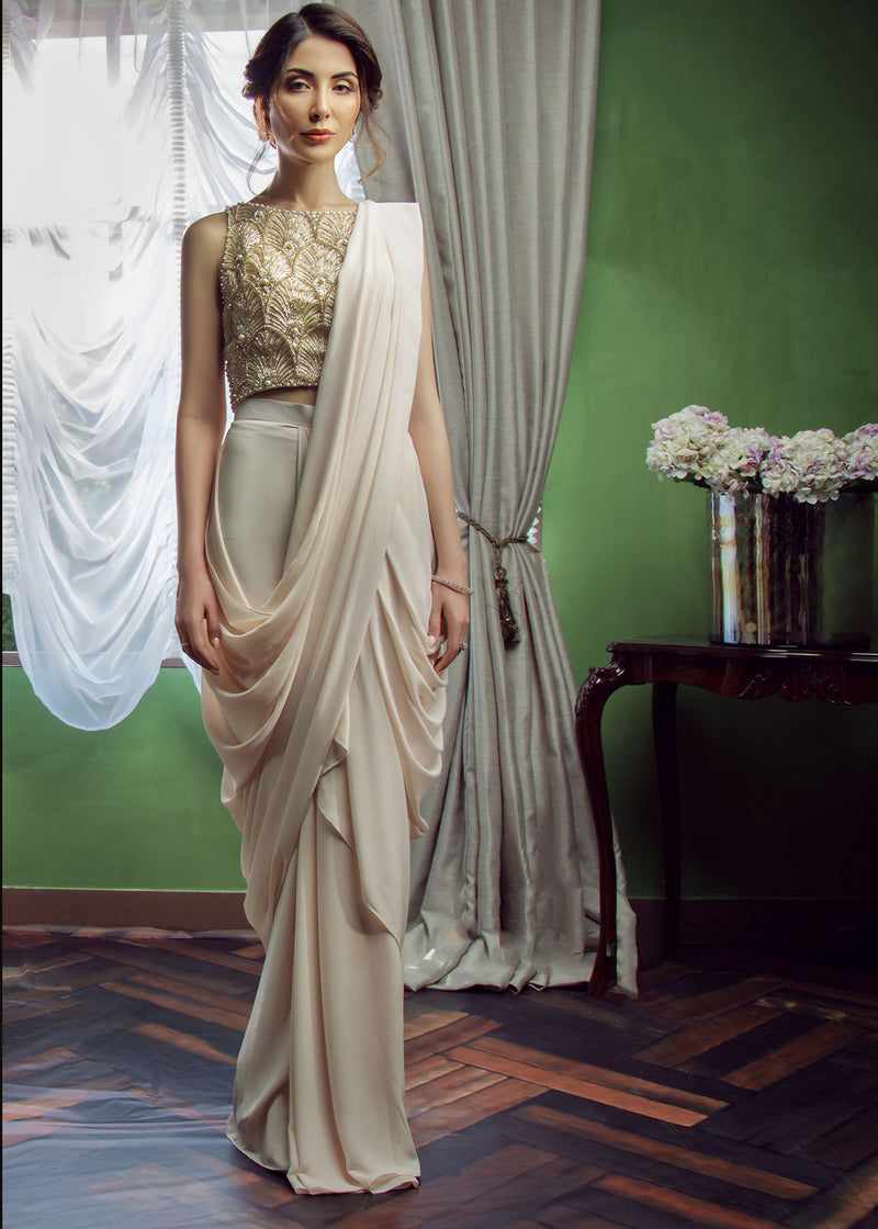 Pakistani Pale Pink Embellished Organza Georgette Saree (2-Piece) - Image 1