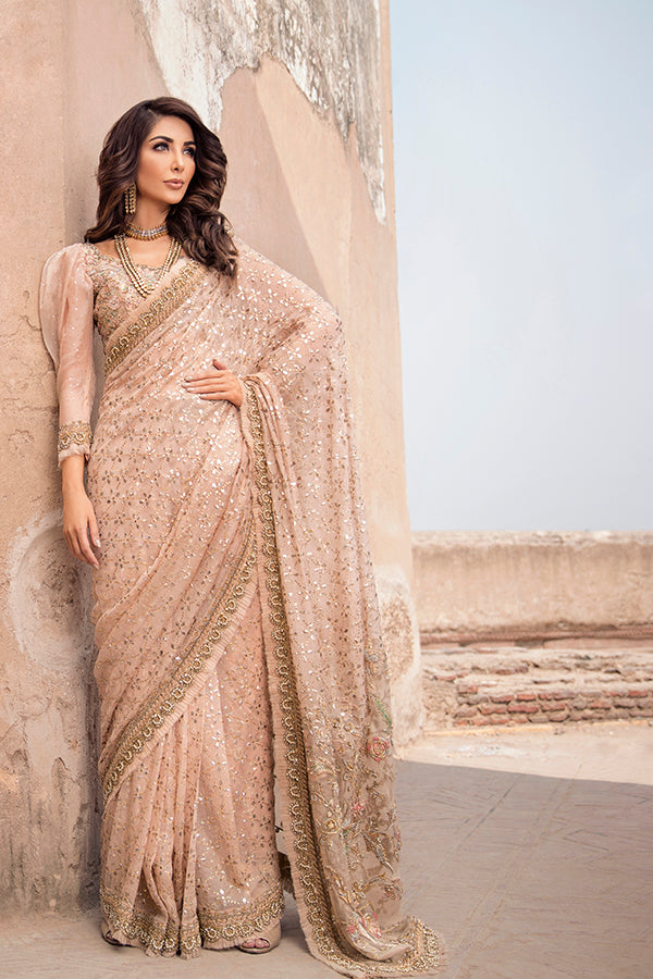 Indian Pastel Pink Embroidered Organza Saree (2-Piece) - Image 2