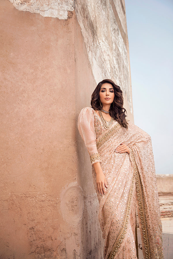 Indian Pastel Pink Embroidered Organza Saree (2-Piece) - Image 4