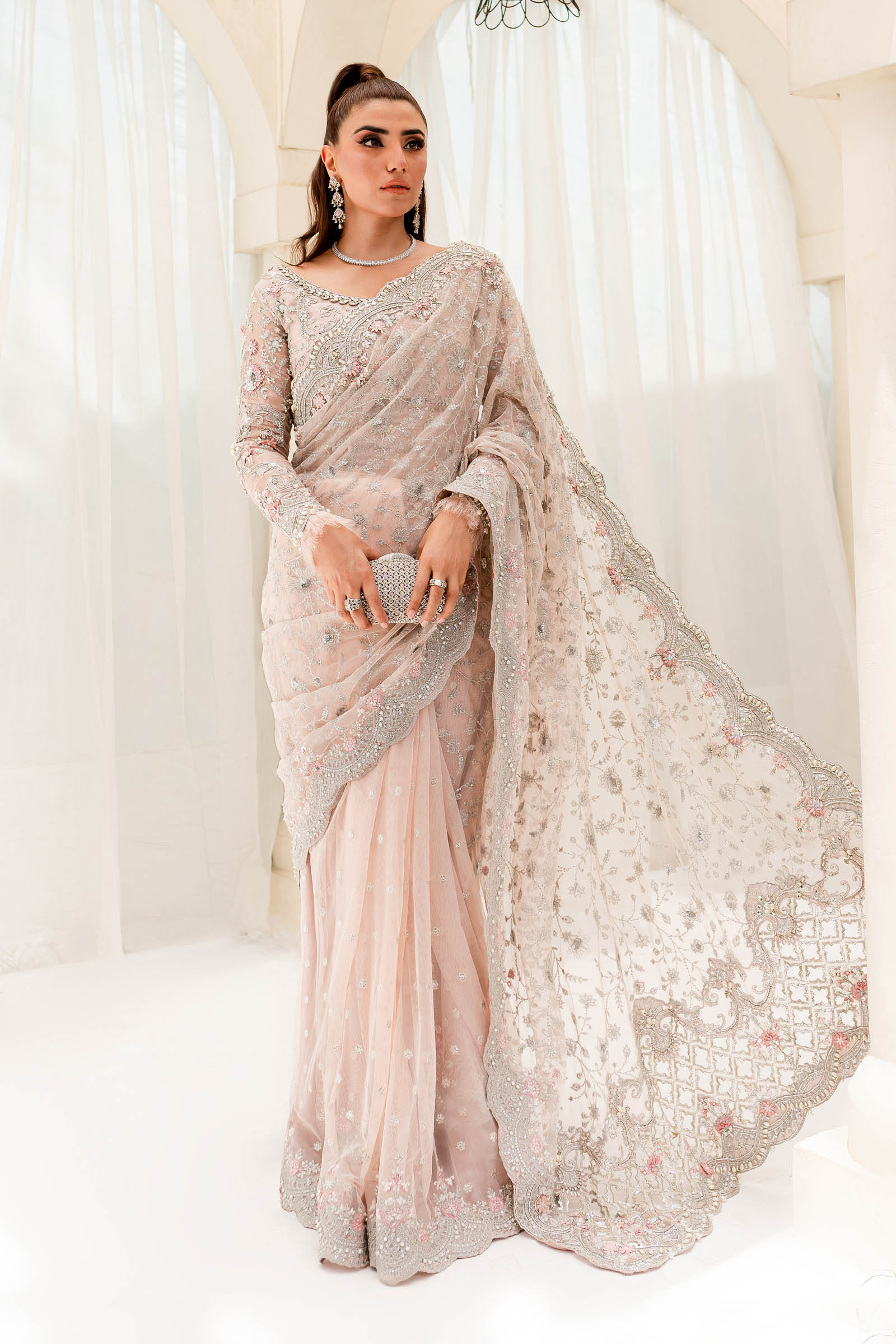 Pale Pink Embellished Organza & Net Saree (3-Piece) - Image 1