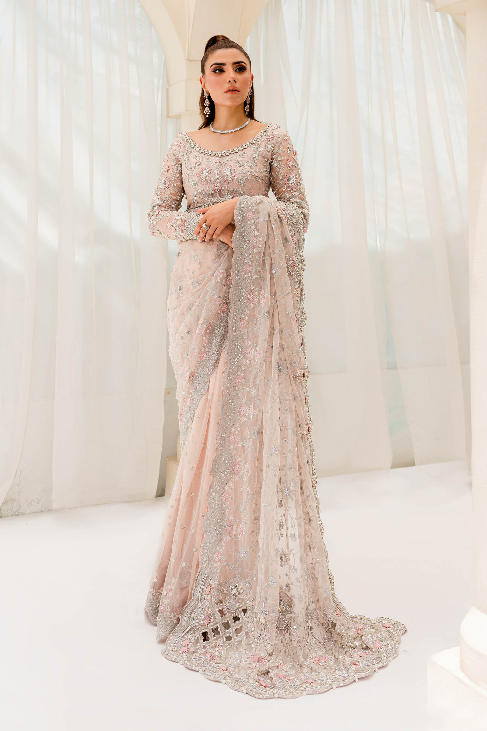 Pale Pink Embellished Organza & Net Saree (3-Piece) - Image 6