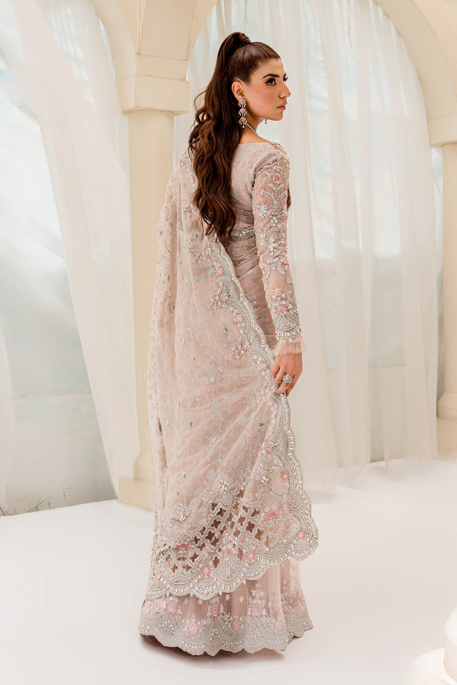 Pale Pink Embellished Organza & Net Saree (3-Piece) - Image 7