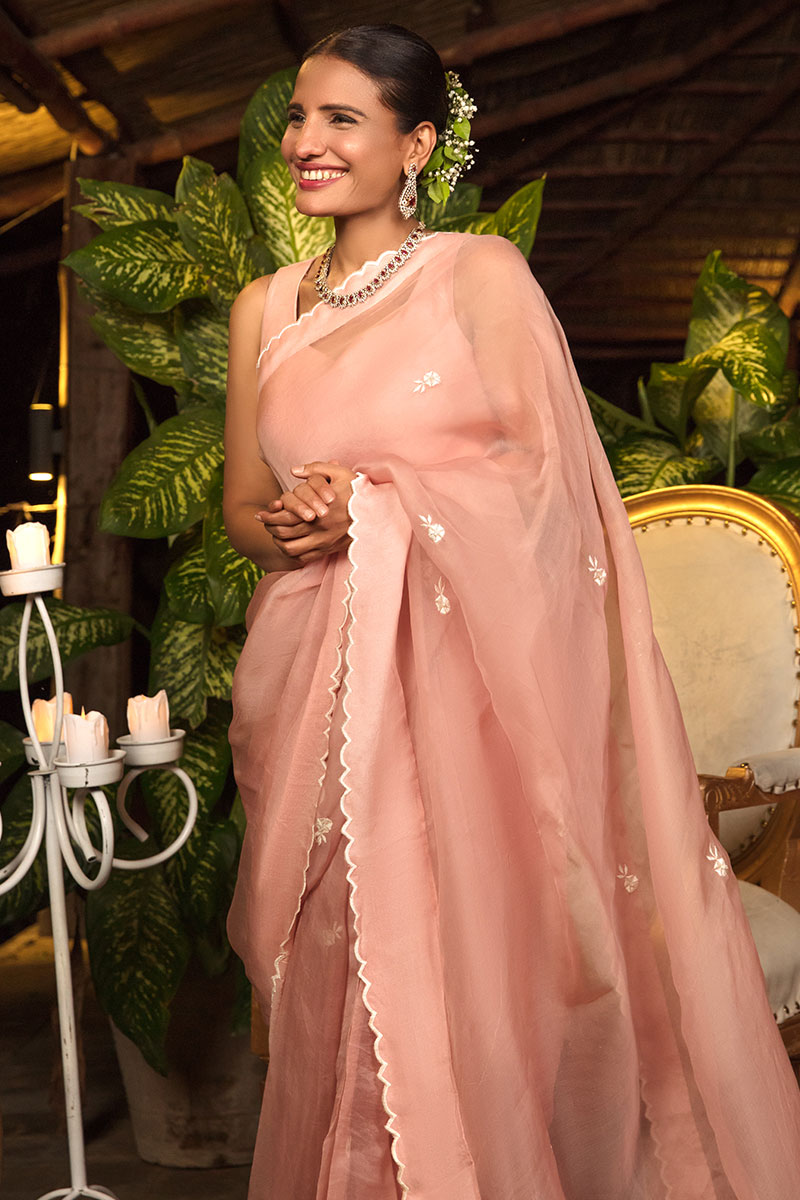 Pakistani Old Rose Resham Bootis Organza Saree (1-Pc) - Image 2