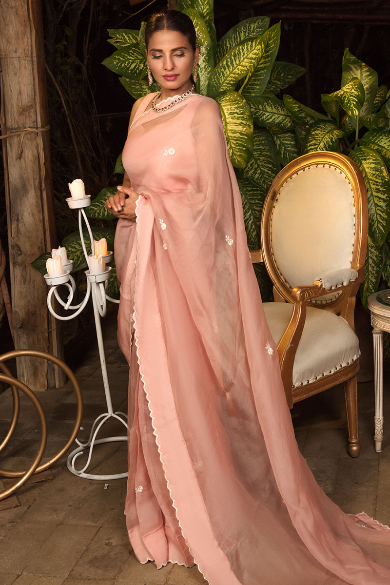 Pakistani Old Rose Resham Bootis Organza Saree (1-Pc) - Image 3