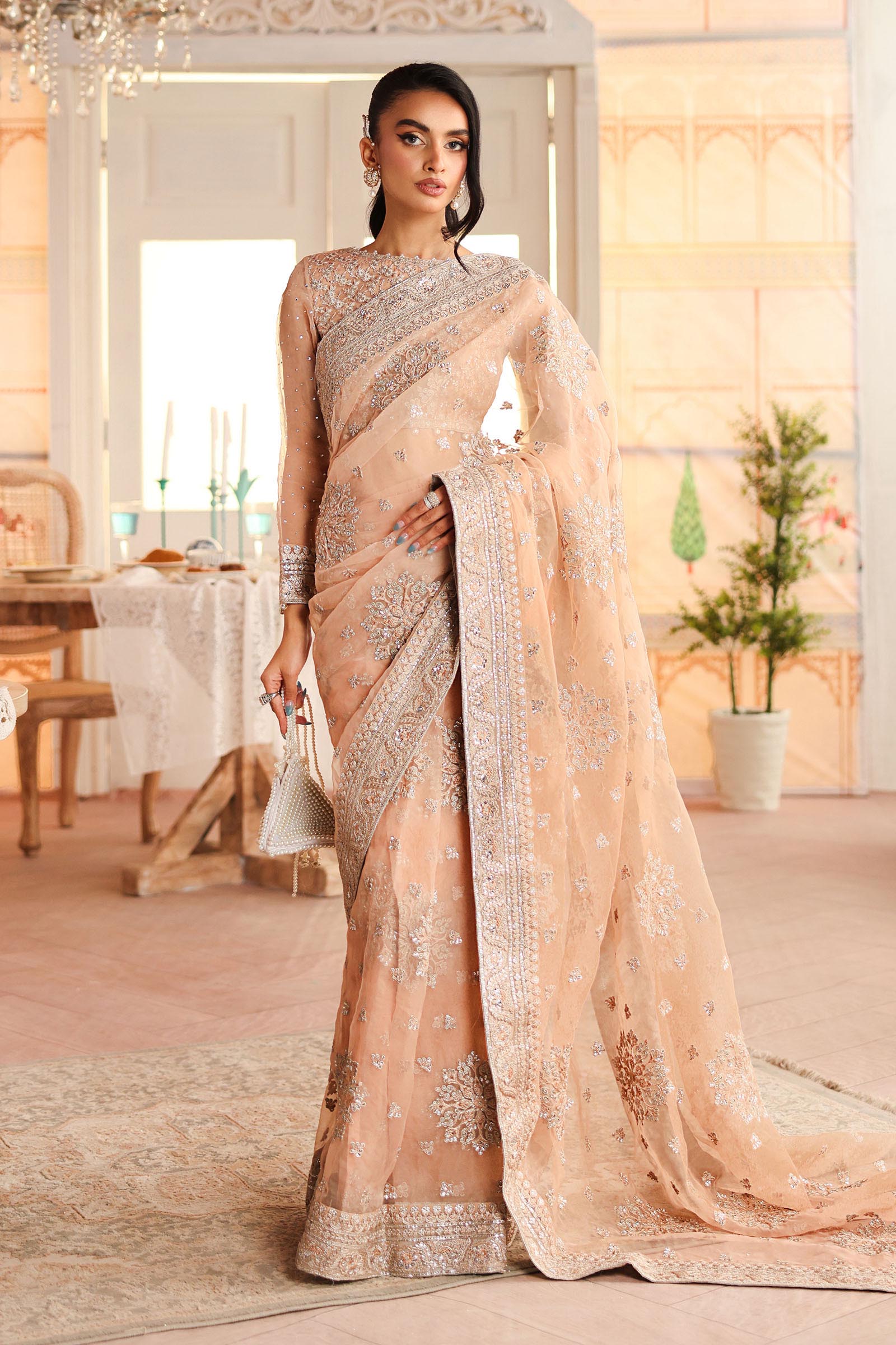 Pakistani Peach Embroidered Organza Saree (3-Piece) - Image 1