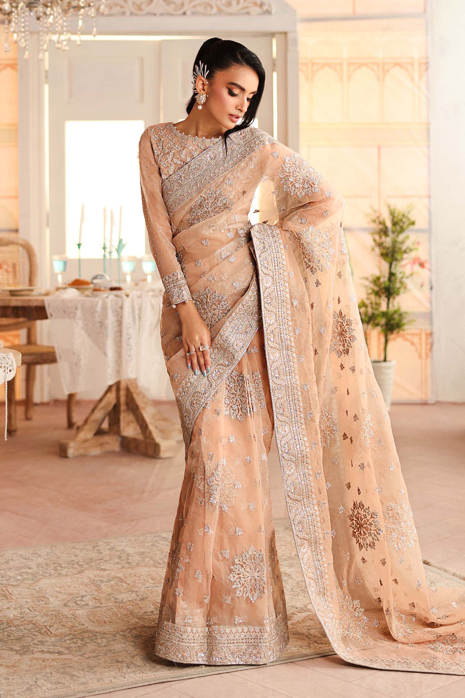Pakistani Peach Embroidered Organza Saree (3-Piece) - Image 4