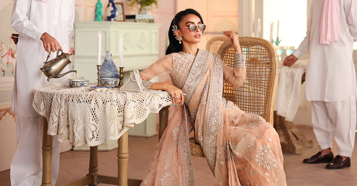 Pakistani Peach Embroidered Organza Saree (3-Piece) - Image 6