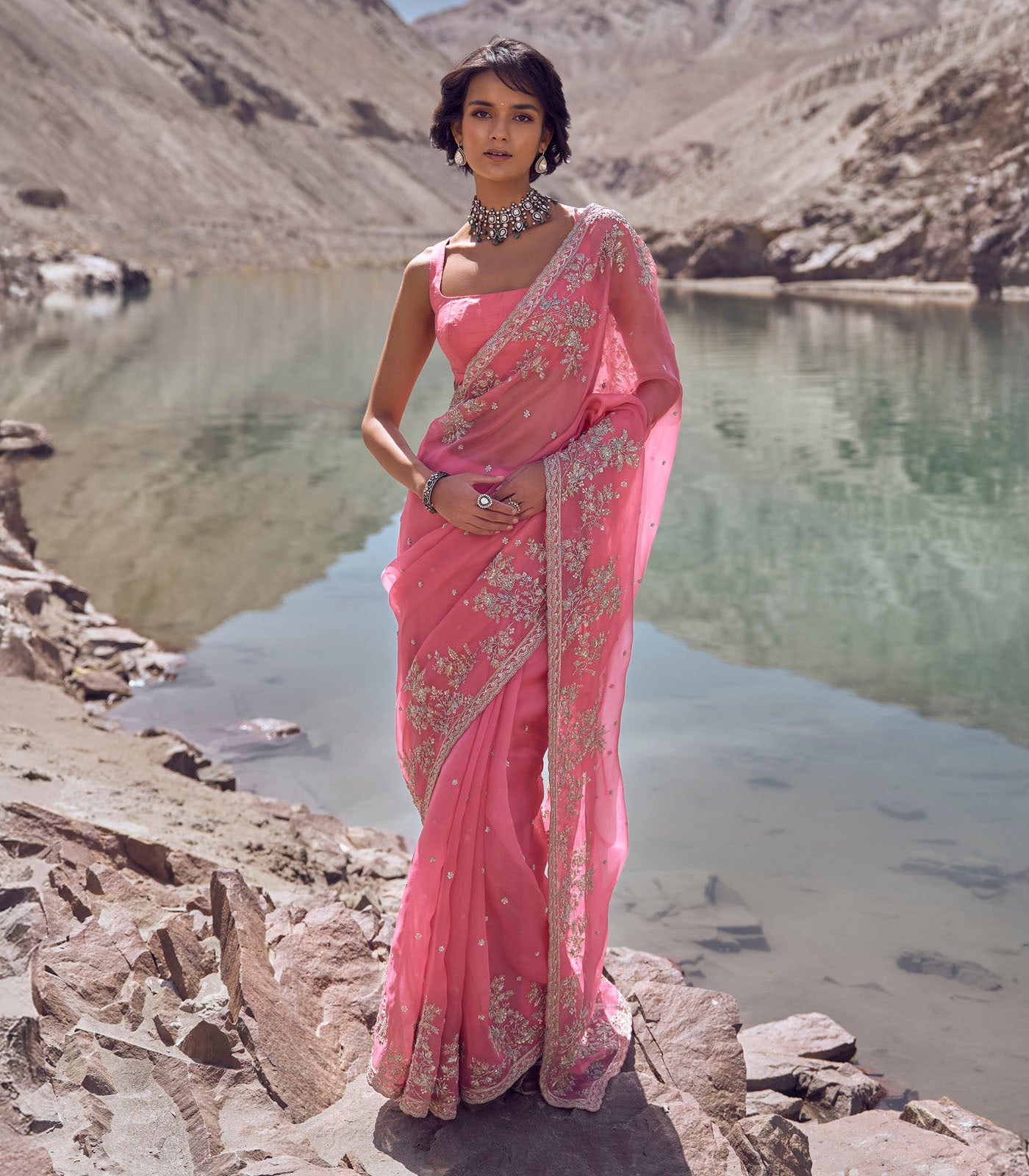 Blush Pink Embroidered Organza Saree (2-Piece) - Image 1