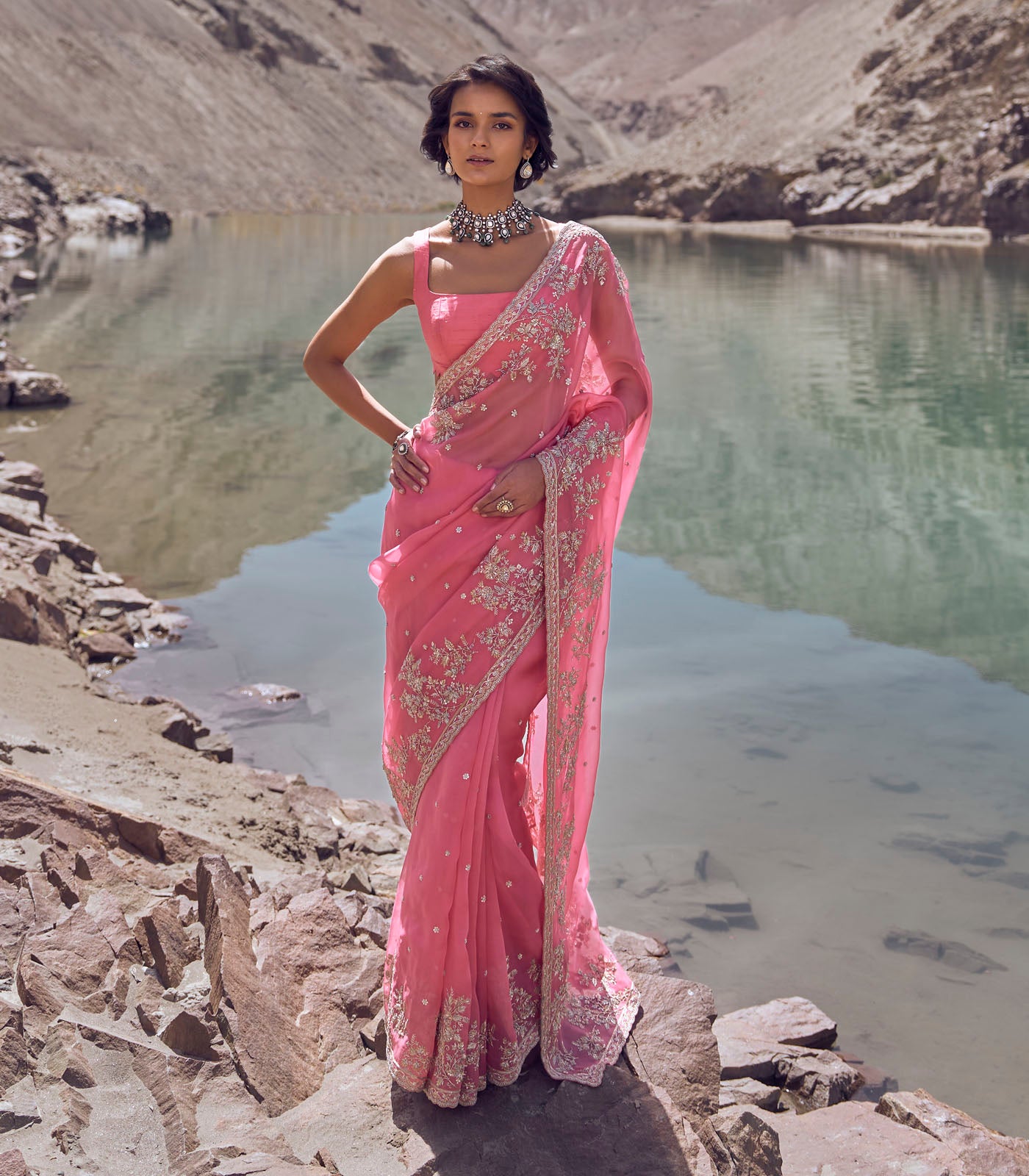 Blush Pink Embroidered Organza Saree (2-Piece) - Image 2