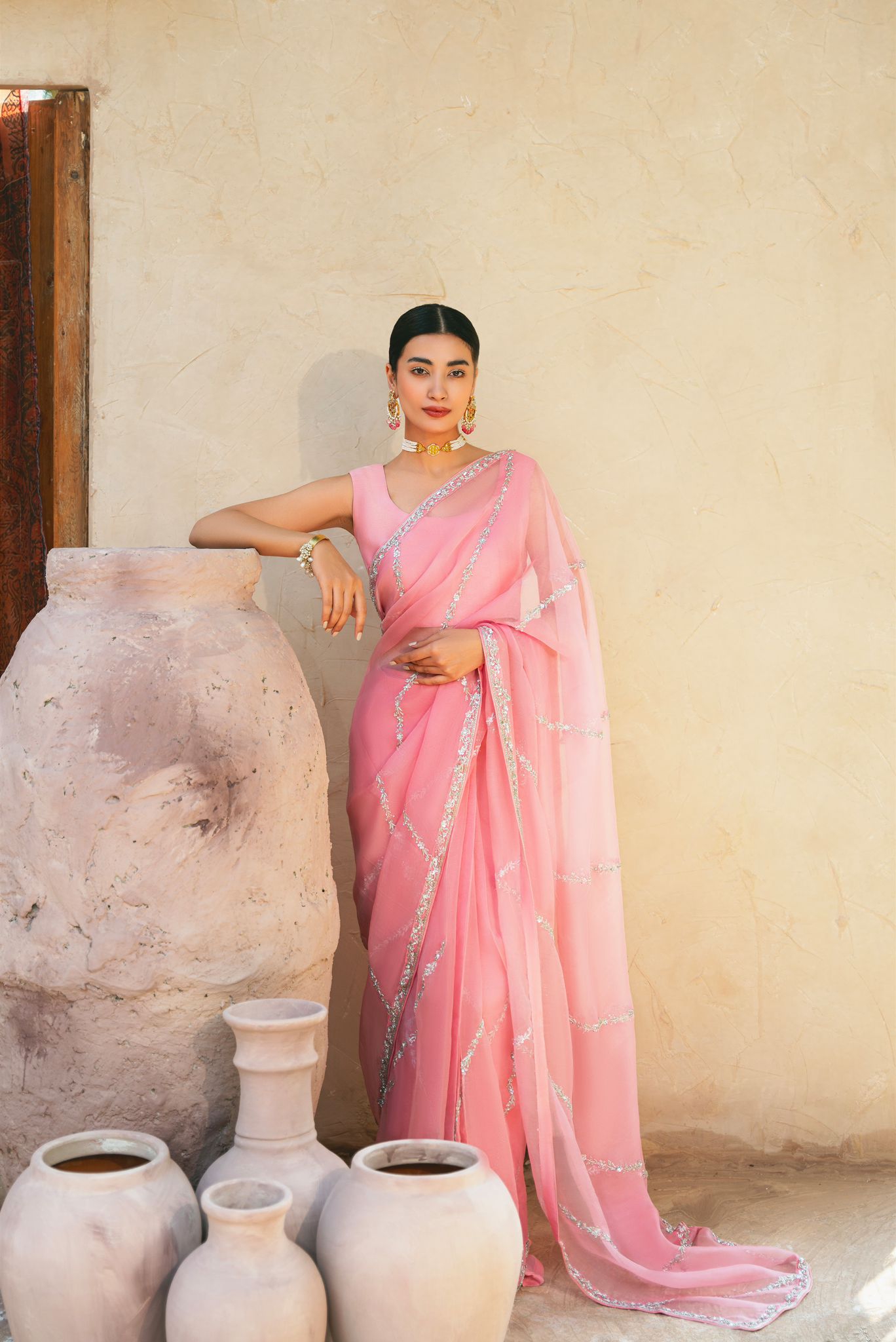 Pakistani Tea Pink Silver Embellished Pure Organza Saree (2-Piece) - Image 1