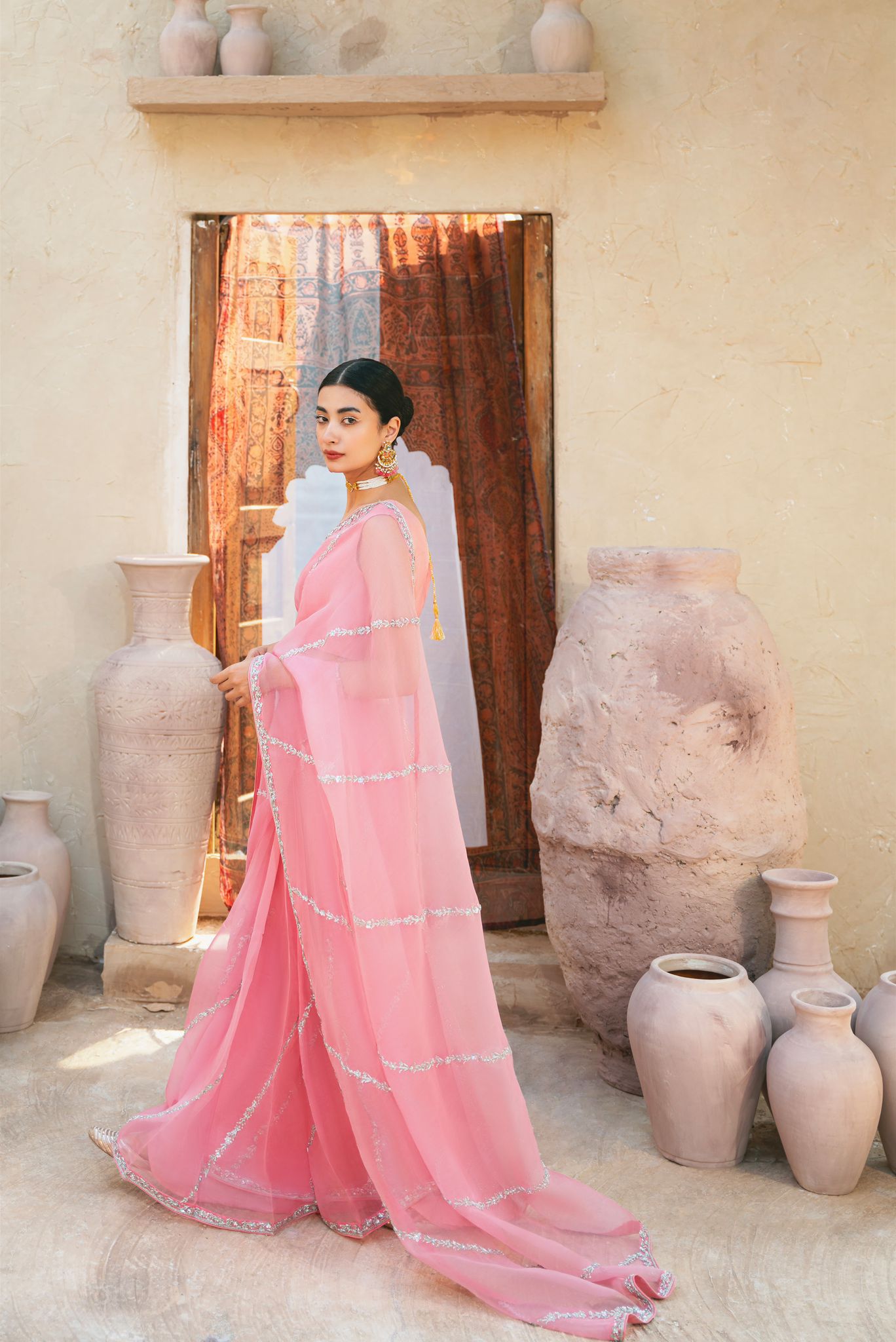 Pakistani Tea Pink Silver Embellished Pure Organza Saree (2-Piece) - Image 3