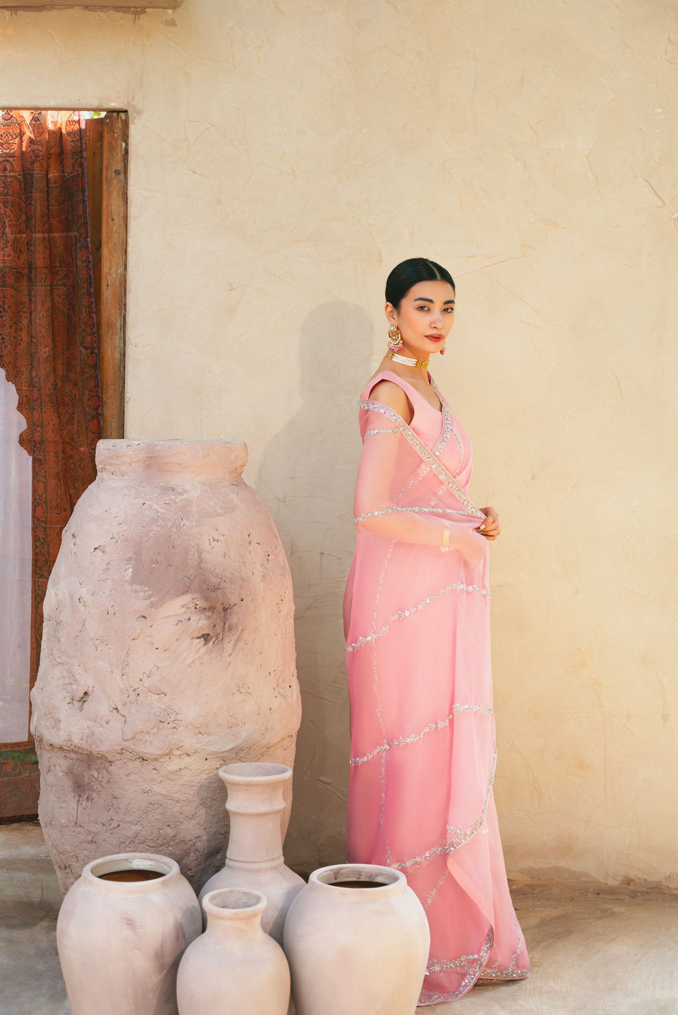 Pakistani Tea Pink Silver Embellished Pure Organza Saree (2-Piece) - Image 4