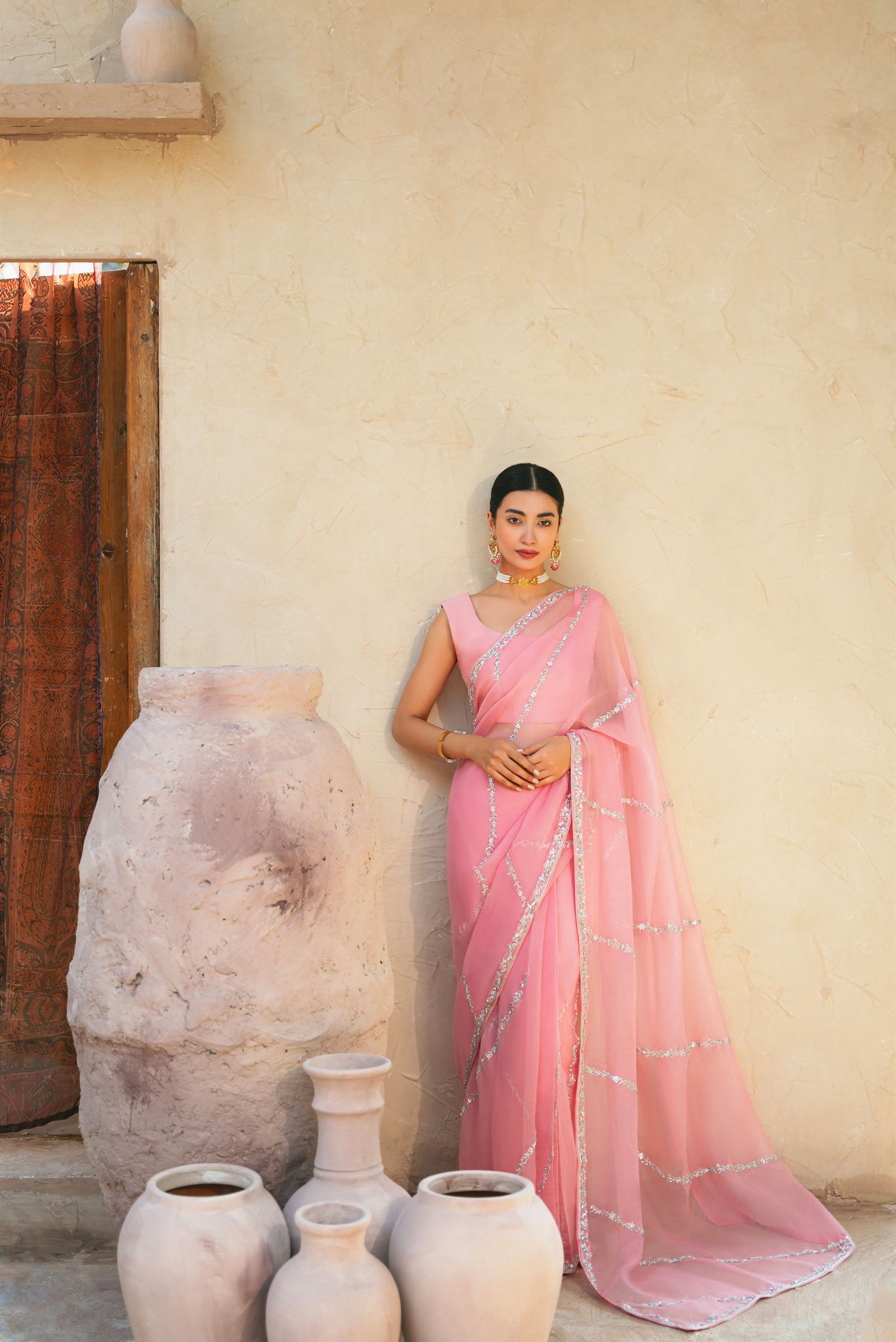 Pakistani Tea Pink Silver Embellished Pure Organza Saree (2-Piece) - Image 5