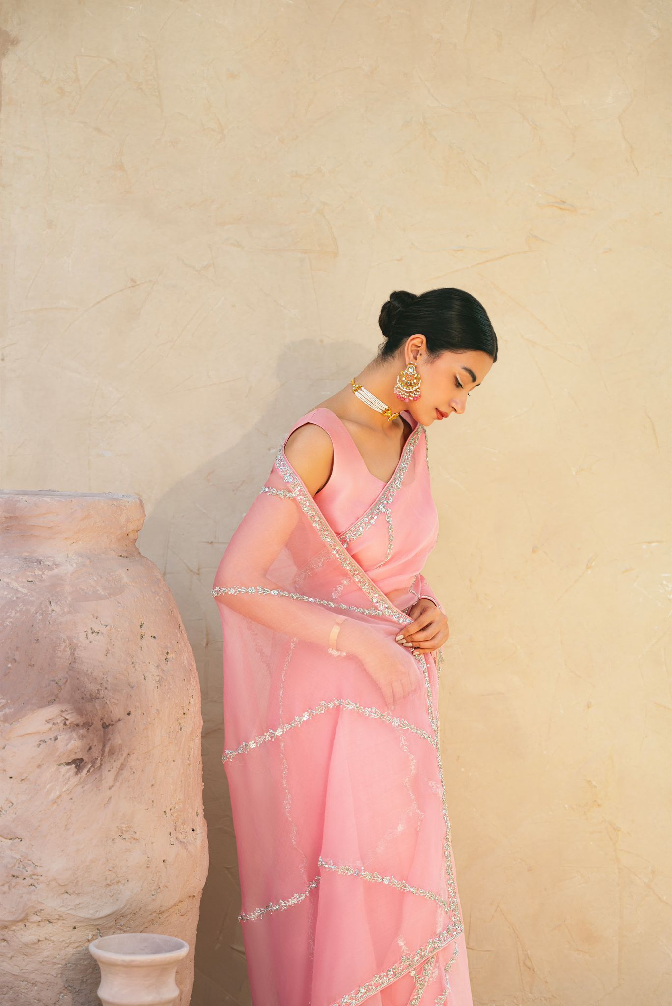 Pakistani Tea Pink Silver Embellished Pure Organza Saree (2-Piece) - Image 6