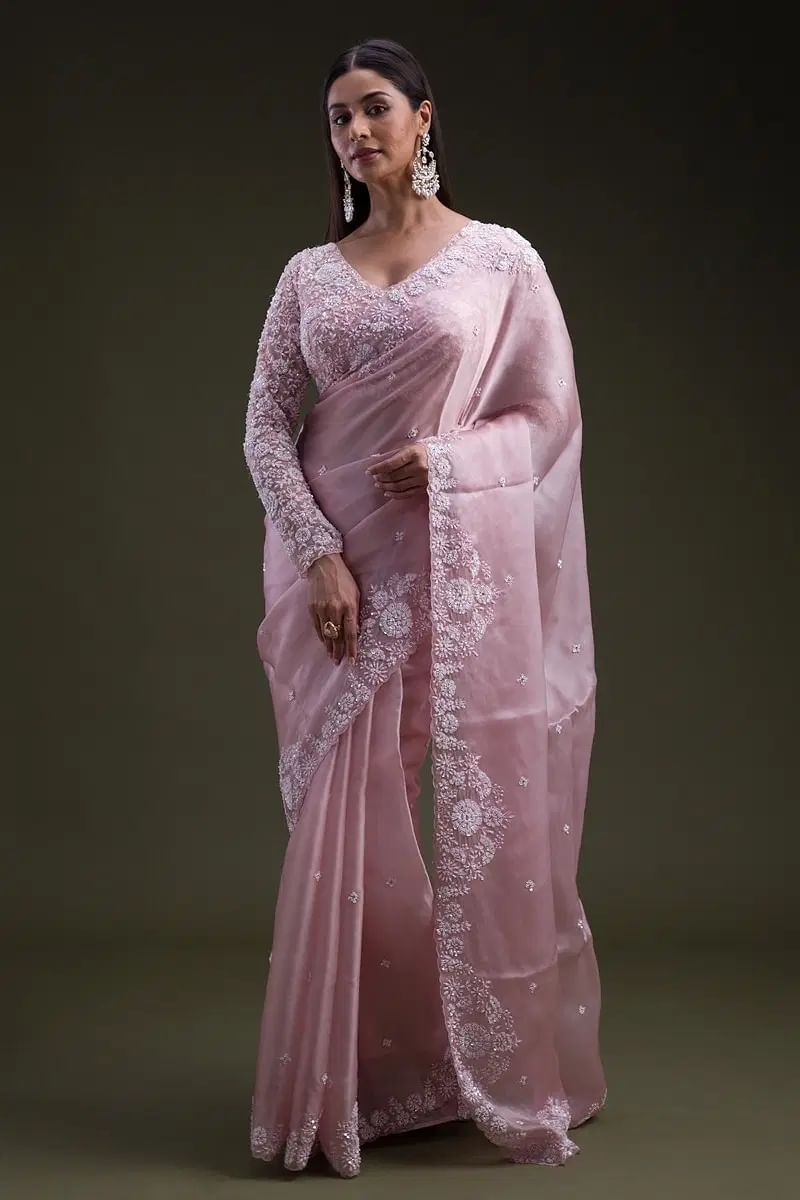 Candy Pink Stone Embroidered Organza Saree (2-Piece) - Image 1