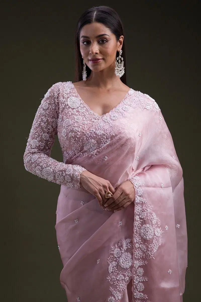 Candy Pink Stone Embroidered Organza Saree (2-Piece) - Image 2