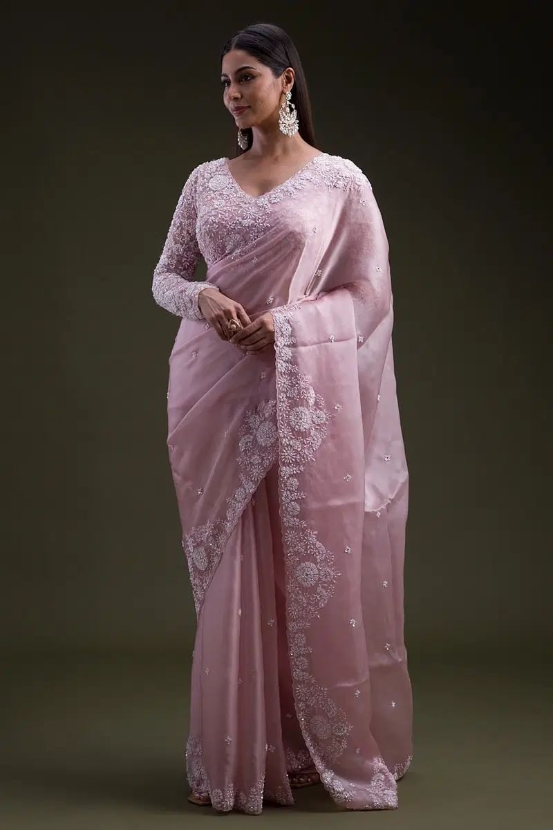 Candy Pink Stone Embroidered Organza Saree (2-Piece) - Image 3