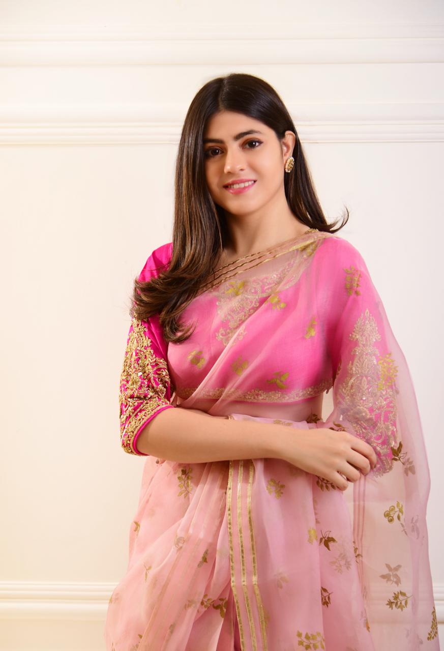 Pastel Tea Pink Zardosi Organza Saree (2-Piece) - Image 1