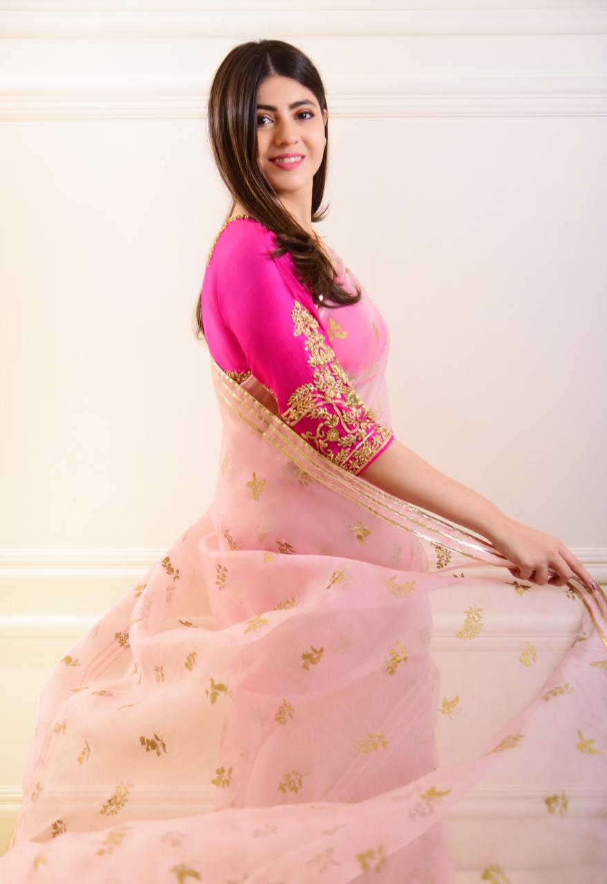 Pastel Tea Pink Zardosi Organza Saree (2-Piece) - Image 2