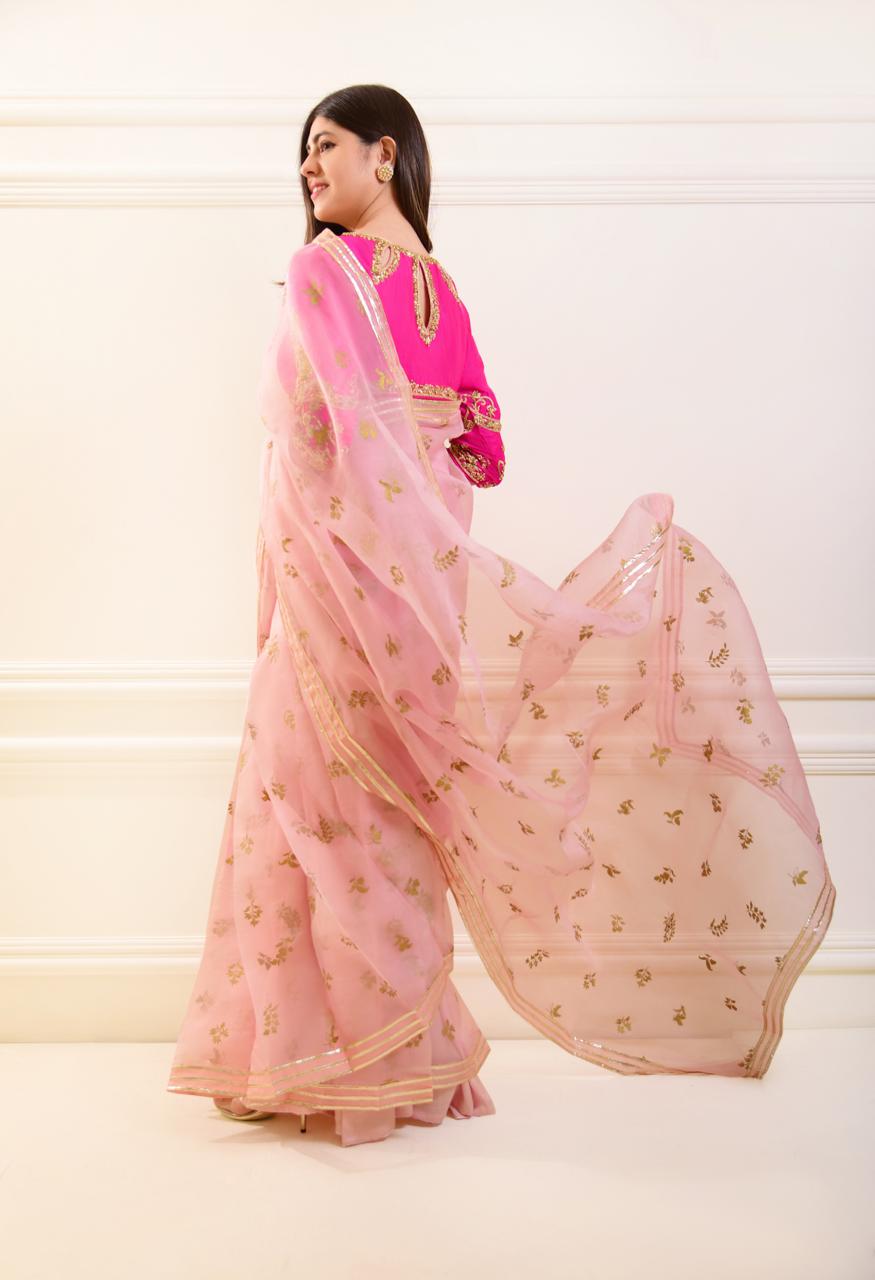 Pastel Tea Pink Zardosi Organza Saree (2-Piece) - Image 4