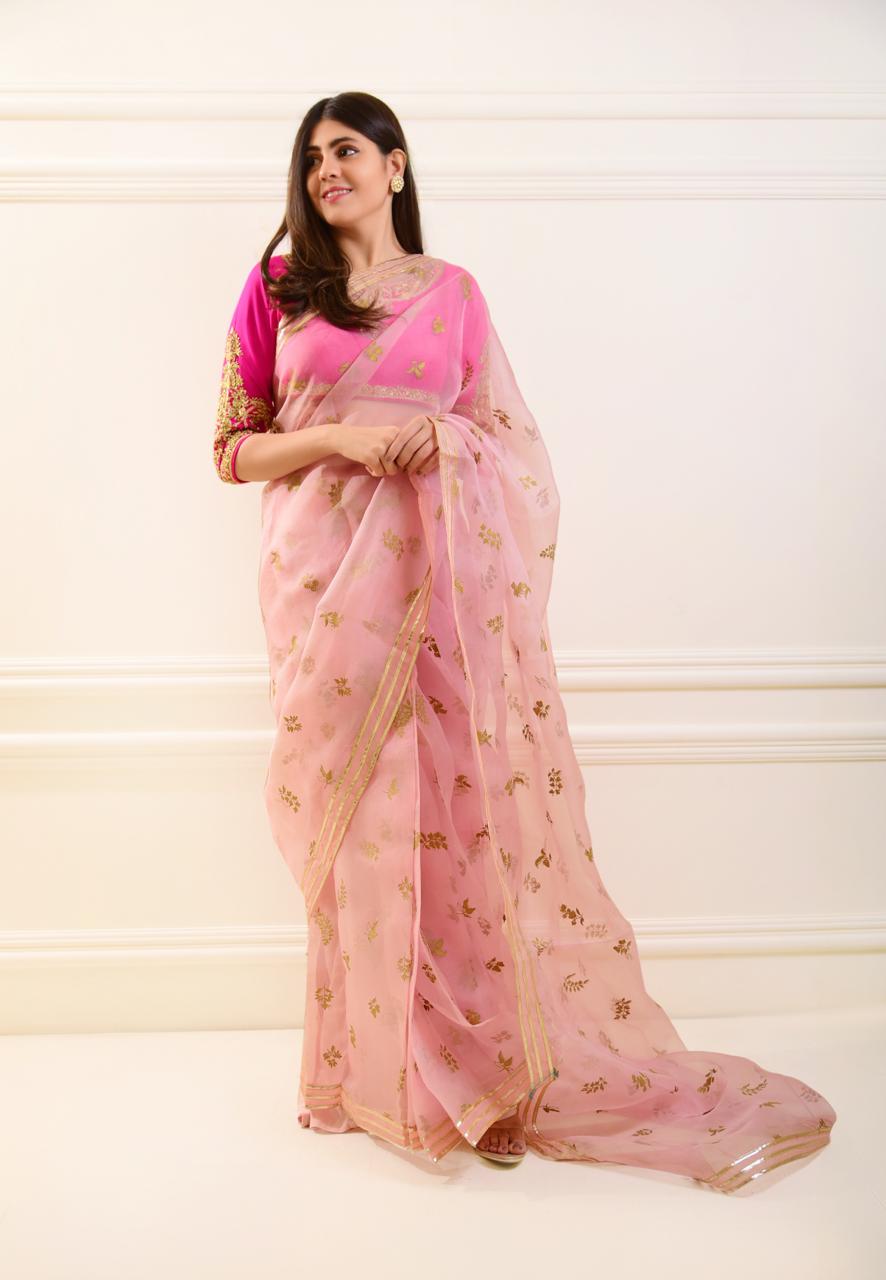Pastel Tea Pink Zardosi Organza Saree (2-Piece) - Image 5