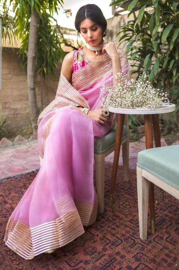 Pink Zardozi Pure Organza Saree (2-Piece) - Image 1