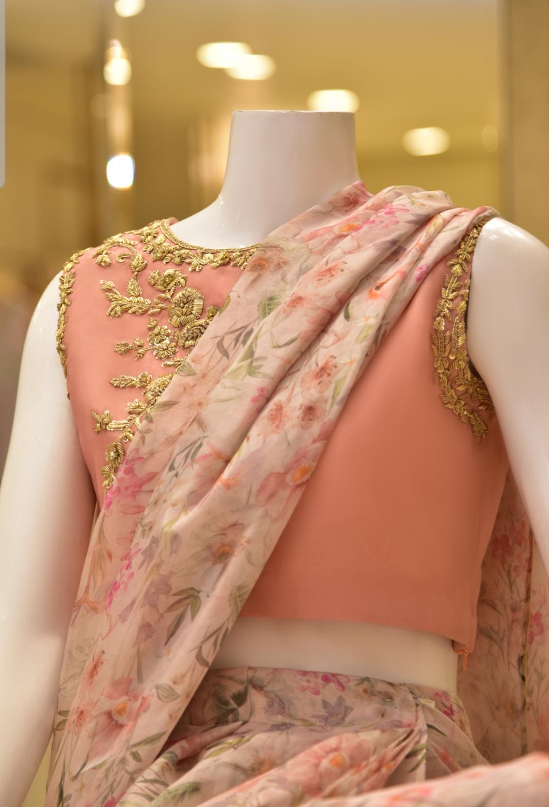 Tea Pink Zardozi Raw Silk Blouse & Organza Saree (2-Piece) - Image 2
