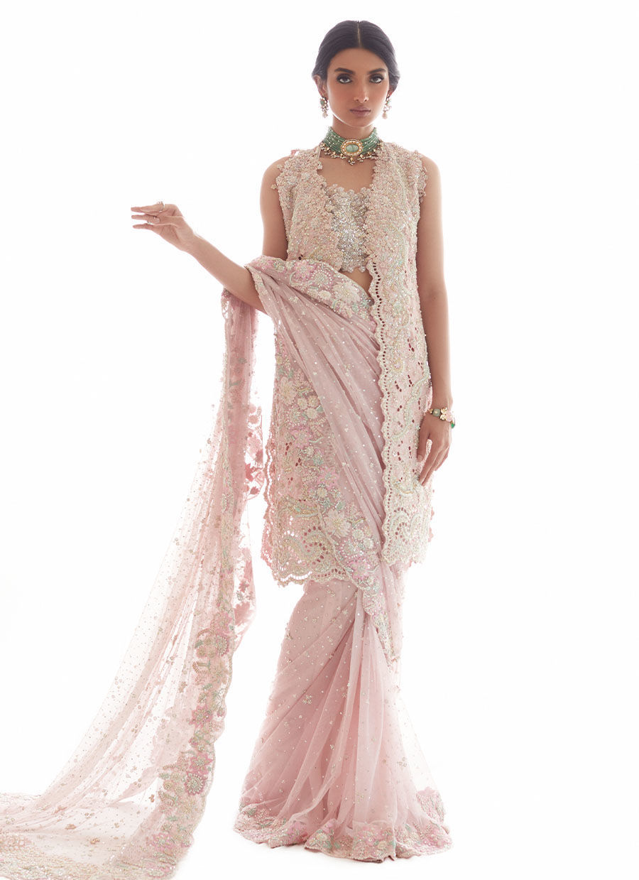 Pakistani Pastel Pink Embellished Raw Silk Saree Set (3-Piece) - Image 1