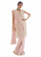 Pakistani Pastel Pink Embellished Raw Silk Saree Set (3-Piece) - Image 3