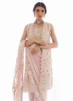 Pakistani Pastel Pink Embellished Raw Silk Saree Set (3-Piece) - Image 4
