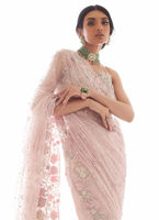 Pakistani Pastel Pink Embellished Raw Silk Saree Set (3-Piece) - Image 5