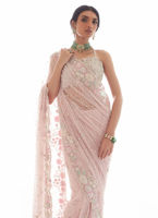 Pakistani Pastel Pink Embellished Raw Silk Saree Set (3-Piece) - Image 6