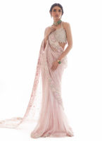 Pakistani Pastel Pink Embellished Raw Silk Saree Set (3-Piece) - Image 7