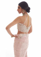 Pakistani Pastel Pink Embellished Raw Silk Saree Set (3-Piece) - Image 9