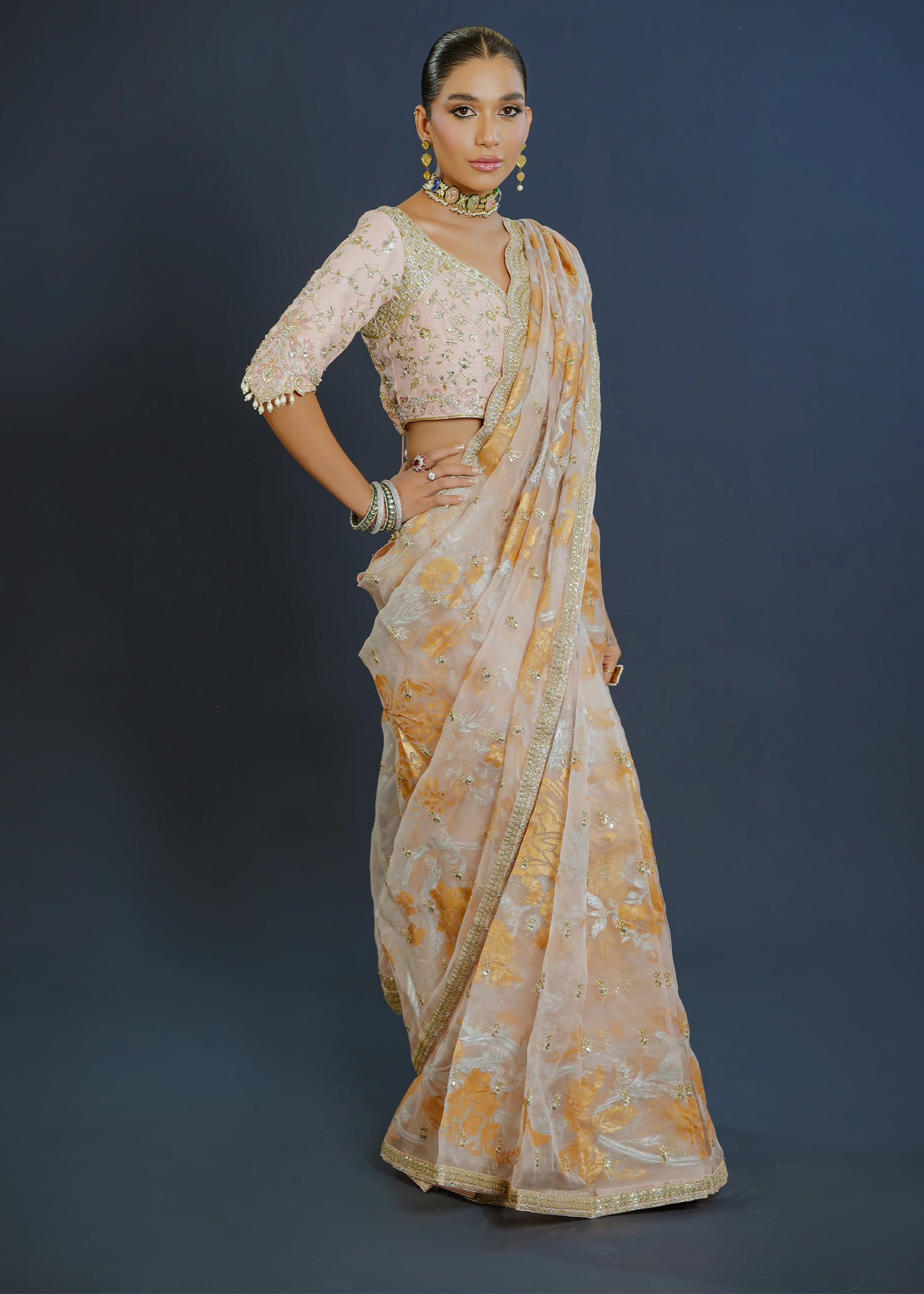 Tea Pink Gota & Mirror Work Silk Organza Saree (3-Piece) - Image 1